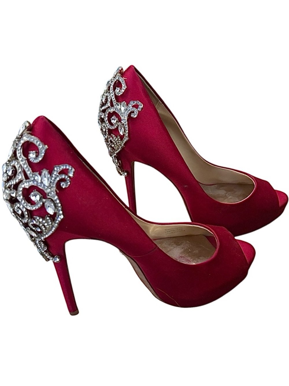 Badgley Mischka Ruby Satin Peep-Toe Heels with Crystal Back Detail
